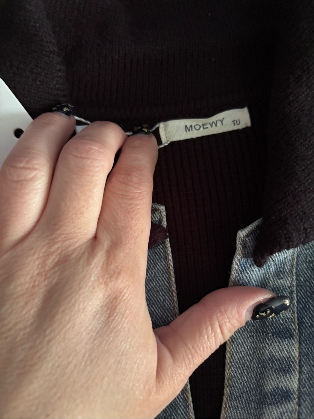 Denim Peplum Belted Jacket with Black Knit Sleeves - Picture 4 of 5